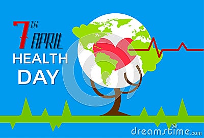 Health World Day Tree With Globe Red Heart Shape Vector Illustration