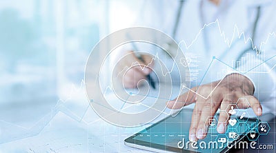 Healthcare business graph data and growth, Medical examination and doctor analyzing medical report network connection on tablet Stock Photo