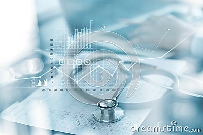 Healthcare business graph and Medical examination and businessman analyzing data and growth chart on blured background Stock Photo