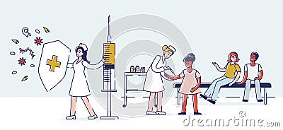 Healthcare Children Vaccination Concept.Doctors Pediatricians Women Protecting Kids From Viruses Make an Injection Vector Illustration