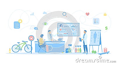 Healthcare, Clinic consultation, Medicine hospital, laboratory testing, Healthy lifestyle. Medical doctors with patient. Vector Illustration