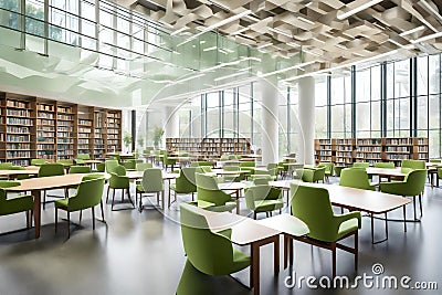 A healthcare college library with open spaces, green chairs and book stacks. a modern light and airy building. Stock Photo