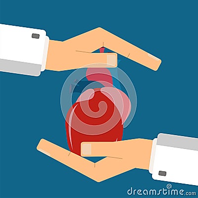 Healthcare concept. Doctor`s hands protect human heart. Vector i Cartoon Illustration