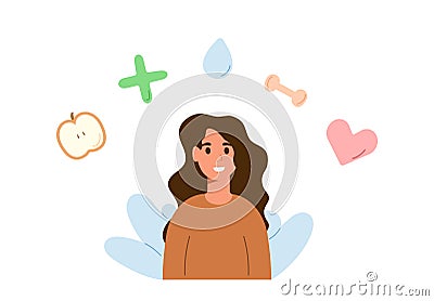 Healthcare concept. Happy healthy woman caring about heart wellness with sport, pharmacy, vitamins, vaccination, medical check. Cartoon Illustration