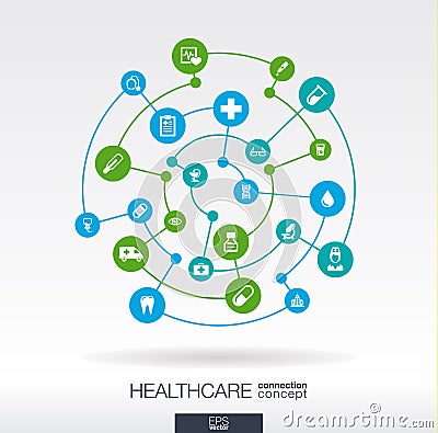 Healthcare connection concept. Abstract background with integrated circles and icons for medical, health, care, medicine Vector Illustration