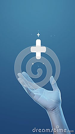 Healthcare connection Hand receives medical icon, introducing health care concept Stock Photo