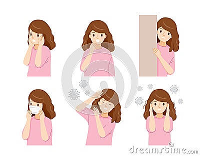 Set Of Woman With Actions Fearing Coronavirus Disease, Covid-19, Virus Vector Illustration
