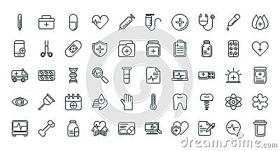 Healthcare equipment medical icons set line fill Vector Illustration