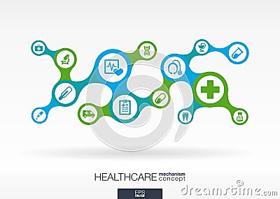 Healthcare. Growth abstract background with connected metaball and integrated icons Vector Illustration