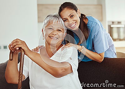 Healthcare, homecare and nurse with grandma to support her in retirement, medical and old age. Caregiver, volunteer and Stock Photo