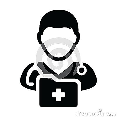 Healthcare icon vector male doctor person profile avatar with stethoscope and medical report folder for medical consultation Vector Illustration