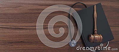 Healthcare Law. Medical stethoscope and judge gavel on lawyer office desk. 3d render Stock Photo