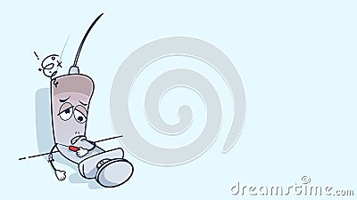 Drunk too much drug injected syringe Cartoon Intoxicated Eyes plain pastel blue background illustration with blank space for pres Vector Illustration