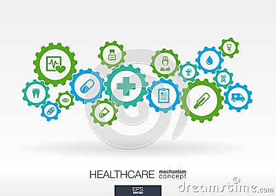 Healthcare mechanism concept. Abstract background with connected gears and icons for medical, health, care, medicine Vector Illustration