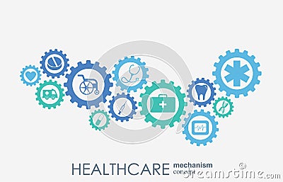 Healthcare mechanism concept. Abstract background with connected gears and icons for medical, health, care, strategy Vector Illustration