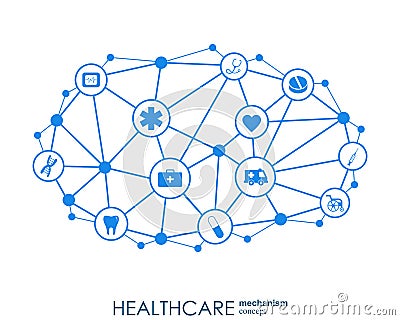 Healthcare mechanism concept. Abstract background with connected gears and icons for medical, health, strategy, care Vector Illustration