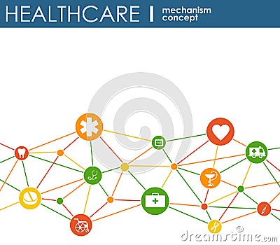 Healthcare mechanism concept. Abstract background with connected gears and icons for medical, health, strategy, care, medicine, ne Stock Photo