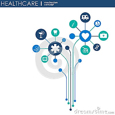 Healthcare mechanism concept. Abstract background with connected gears and icons for medical, health, strategy, care, medicine, ne Stock Photo