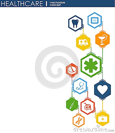 Healthcare mechanism concept. Abstract background with connected gears and icons for medical, health, strategy, care, medicine, ne Stock Photo