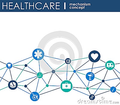 Healthcare mechanism concept. Abstract background with connected gears and icons for medical, health, strategy, care, medicine, ne Stock Photo