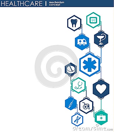 Healthcare mechanism concept. Abstract background with connected gears and icons for medical, health, strategy, care, medicine, ne Stock Photo