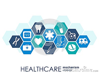 Healthcare mechanism concept. Abstract background with connected gears and icons for medical, health, strategy, care, medicine, ne Stock Photo