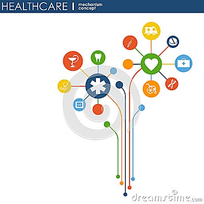 Healthcare mechanism concept. Abstract background with connected gears and icons for medical, health, strategy, care, medicine, ne Stock Photo