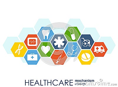 Healthcare mechanism concept. Abstract background with connected gears and icons for medical, health, strategy, care, medicine, ne Stock Photo