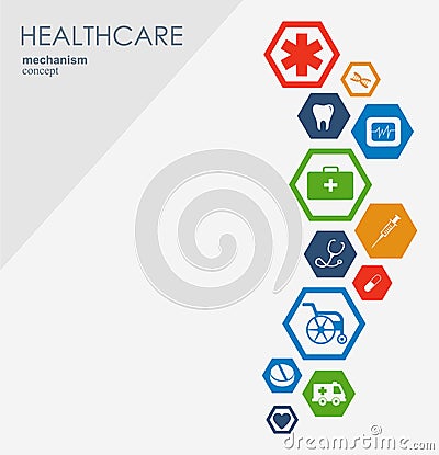 Healthcare mechanism concept. Abstract background with connected gears and icons for medical, strategy, health, care Vector Illustration