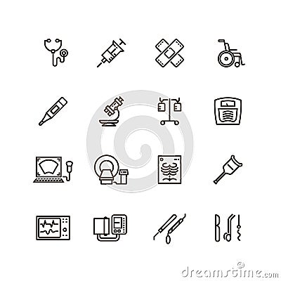 Healthcare medical equipment and hospital line vector icons Vector Illustration