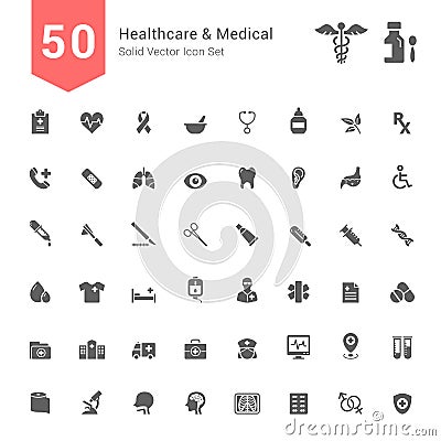 Healthcare and Medical Icon Set. 50 Solid Vector Icons. Vector Illustration