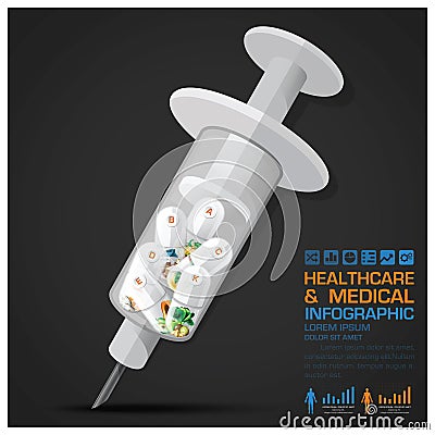 Healthcare And Medical Vitamin Pill Capsule With Syringe Infographic Vector Illustration