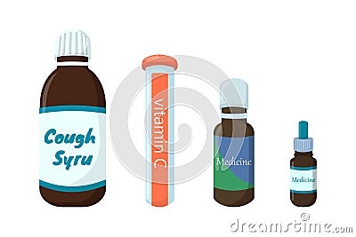 Healthcare medications in different forms set vector illustration. Bottle with pills, plastic tubes with caps, blisters Vector Illustration