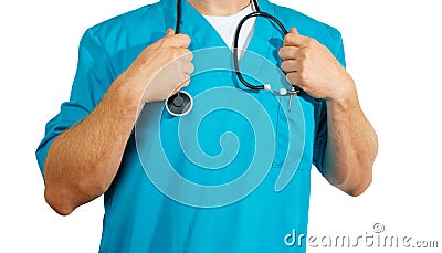 Healthcare And Medicine Concept. Modern doctor specialist in blue uniform holds stethoscope Stock Photo