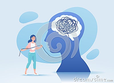 Woman unties a tangled brain. Vector illustration in a flat style. Vector Illustration