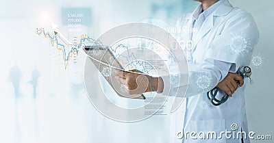 Healthcare and medicine, Covid-19, Doctor holding tablet and electronic medical record graph and statistics of infection outbreak Stock Photo