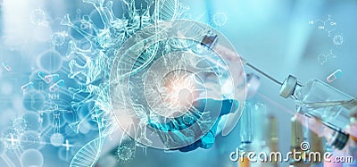 Healthcare and medicine, Covid-19, hand of Doctor holding virus with vaccine diagnose and coronavirus spread on modern interface Stock Photo