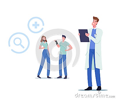 Healthcare Medicine, Therapy, Doctor Appointment. Male Female Characters with Orthopedic Bandage Brace on Neck and Wrist Vector Illustration