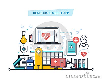 Healthcare mobile app. Mobile service. Medical healthcare, medicine mobile consultant. Vector Illustration