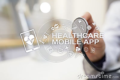 Healthcare mobile apps. Modern medical technology on virtual screen. Stock Photo