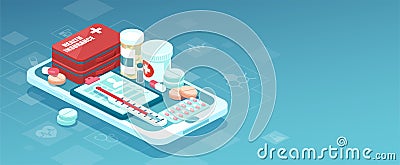 Vector of prescription drugs, first aid kit and medical supplies being sold online via smartphone application technology Stock Photo