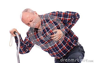 Healthcare, pain, stress and age concept. Elderly man having a heart attack over white background Stock Photo