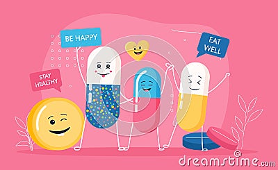 Healthcare poster design with happy pills holding banners Vector Illustration