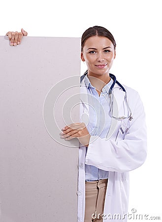 Healthcare, poster or portrait of woman doctor with studio mockup for hospital, news or info on white background. Banner Stock Photo