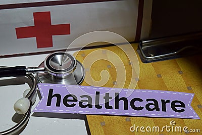 Healthcare on the print paper with medical and Healthcare Concept Stock Photo