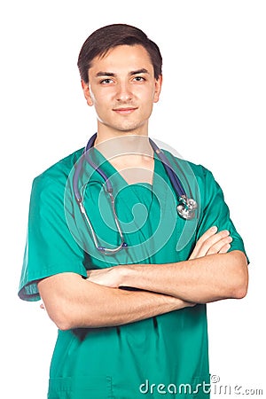 Healthcare, profession, people and medicine concept - smiling male doctor in white coat Stock Photo