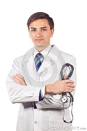 Healthcare, profession, people and medicine concept - smiling male doctor in white coat Stock Photo