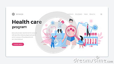 Healthcare program development landing page vector template. Group of scientific characters implementing medical Vector Illustration