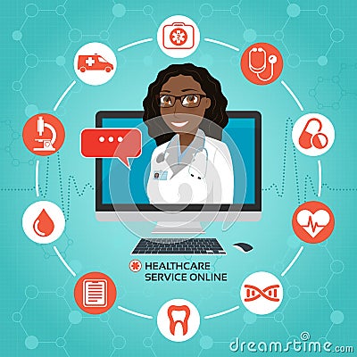 Healthcare service online. Medical consultation concept with afr Vector Illustration