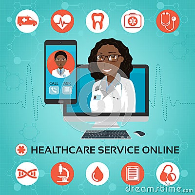 Healthcare service online. Medical consultation concept with afr Vector Illustration